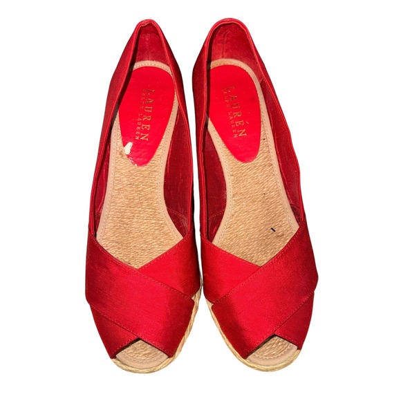 Lauren Ralph Lauren Cecilia Wedge Womens 9B Pre-Owned Espadrille Red Silk Open